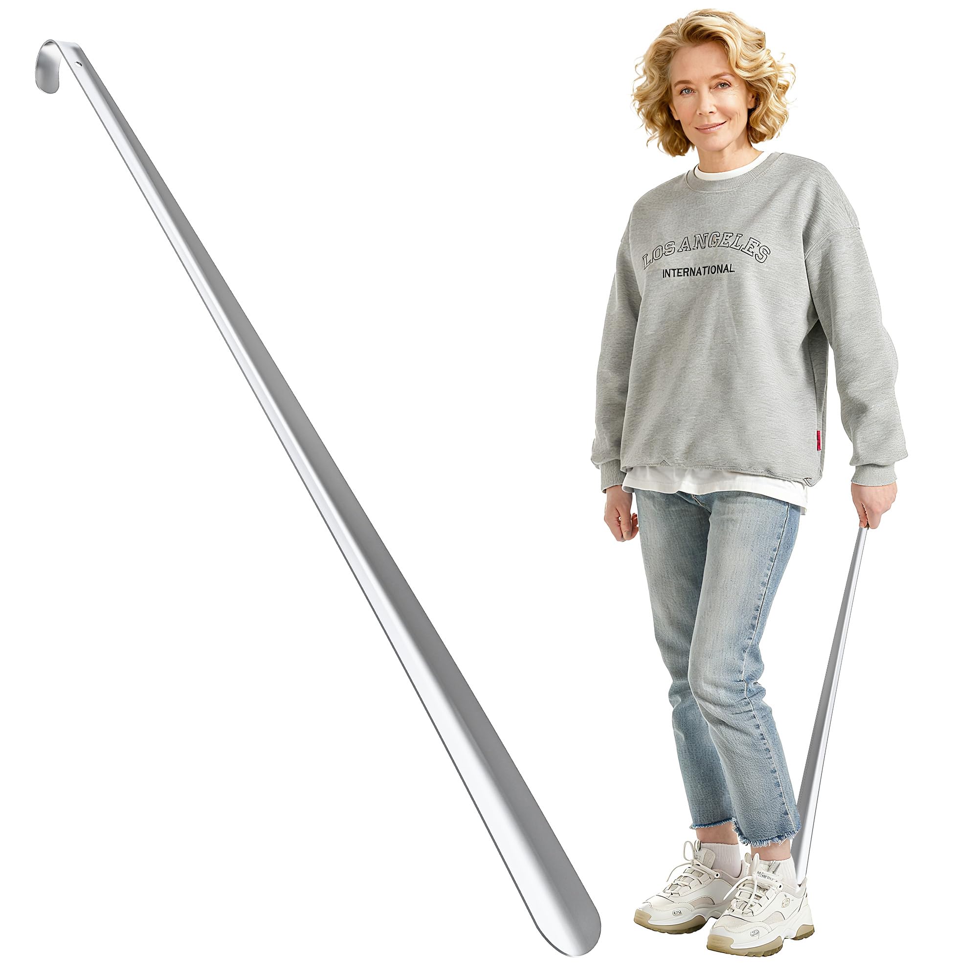 Fanwer 31.5 Extra Long Shoehorn,Stainless Steel Shoe Horn,Long Handle Durable Metal Boot Horn with Hook, Silver, Normal
