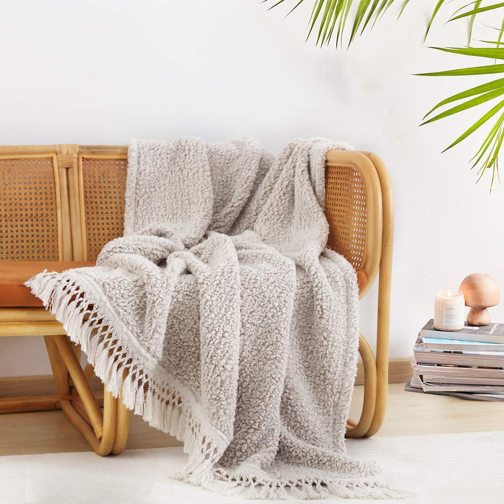 HORIMOTE HOME Ultra Soft Cozy Fleece Sherpa Throw Blanket, Lightweight Warm Decorative Throw with Tassel, Ombre Light Brown Reversible Boho Blanket for Sofa, Couch, Bedroom,Travel,127x152cm — image 1