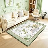Feelyou Kids Cute Dinosaur Rugs for Living Room Bedroom Area Rug 3x5 | Cartoon Dinosaur Indoor Floor Mat for Boys Girls Teens Green Grey Accent Rug Coconut Plant Decorative Rug