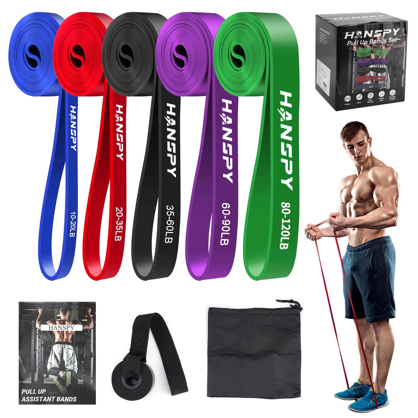 HANSPY Resistance Bands Set 5 Levels Pull Up Bands for Men and Women Fitness Exercise Bands for Strength Training, Home Gym Exercise, Physical Therapy, Yoga, Pull Up Assistance Bands with Door Anchor