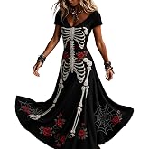 TANGNADE Womens Halloween Dresses Costume Plus Size Skeleton Maxi Dress | Women's Skeleton Halloween Dress, Short Sleeve V Neck Gothic Style Dress with 3D Spooky Season Print for Halloween Parties