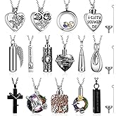 Ecation 15 Pcs Urn Necklace for Ashes Women Keepsake Cremation Jewelry Stainless Steel Cross Heart Cubic Locket Ashes Necklace for Human Loved One