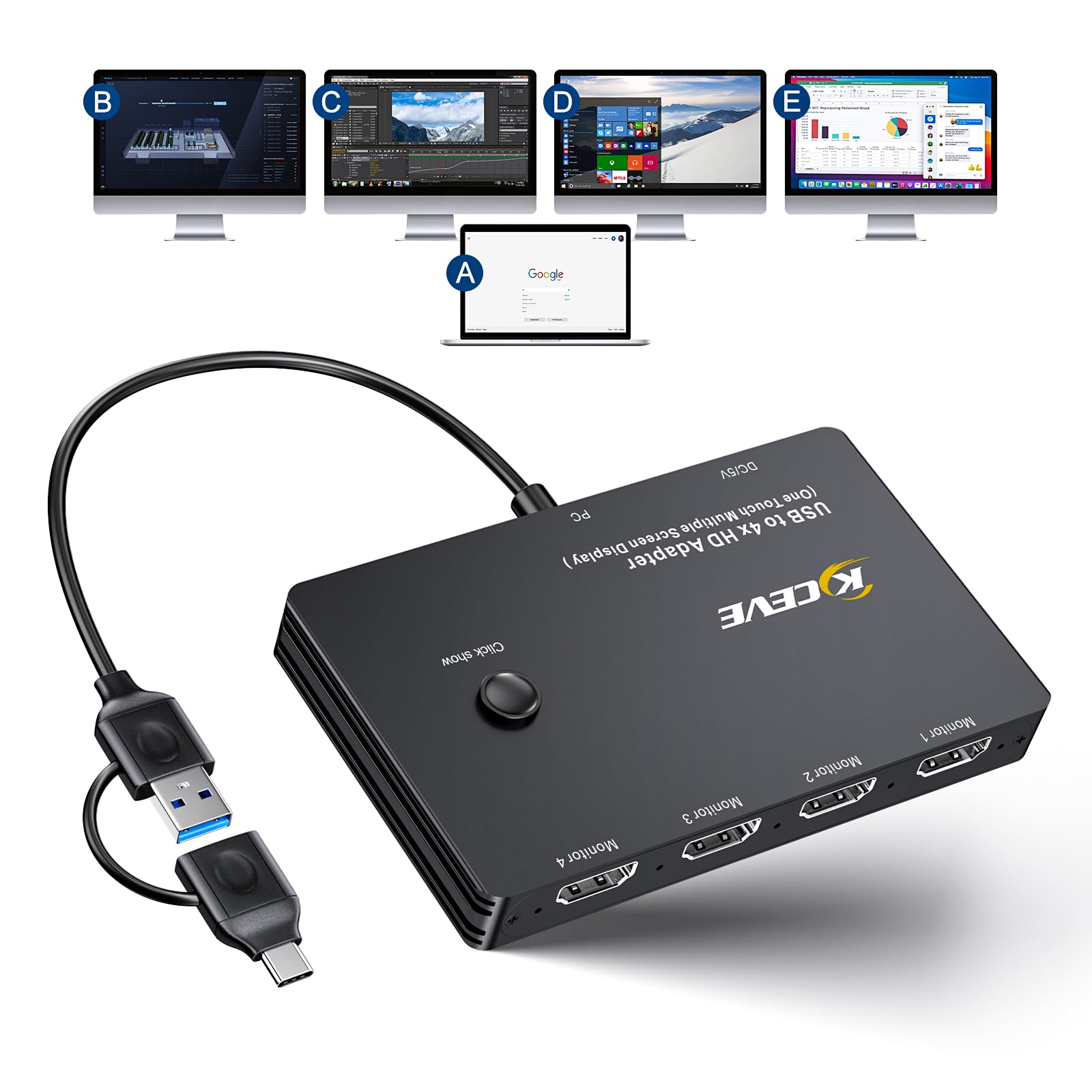 Photo 1 of KCEVE USB to 4 HDMI Adapter, Multi-Monitor Display 5 Separate Screens, Support Mirror/Extend Mode Compatible with Windows, M1/M2 Mac OS, with Black Screen Function