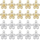 PH PandaHall 20Pcs 2 Colors Cubic Zirconia Flower Charms 10mm Brass Micro Pave 5-Petal Floral Charms Micro Pave Flower Charm for Necklace Bracelet Jewelry Making, Platinum/Golden