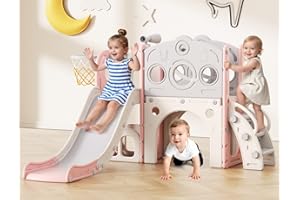 Babytronic Toddler Slide, 8 in 1 Kids Slide with Basketball Hoop, Telescope and Climber, Baby Slide Toddler Playground, Indoor Outdoor Playset for Toddlers Age 1-3, Kids Indoor Playground (Pink)