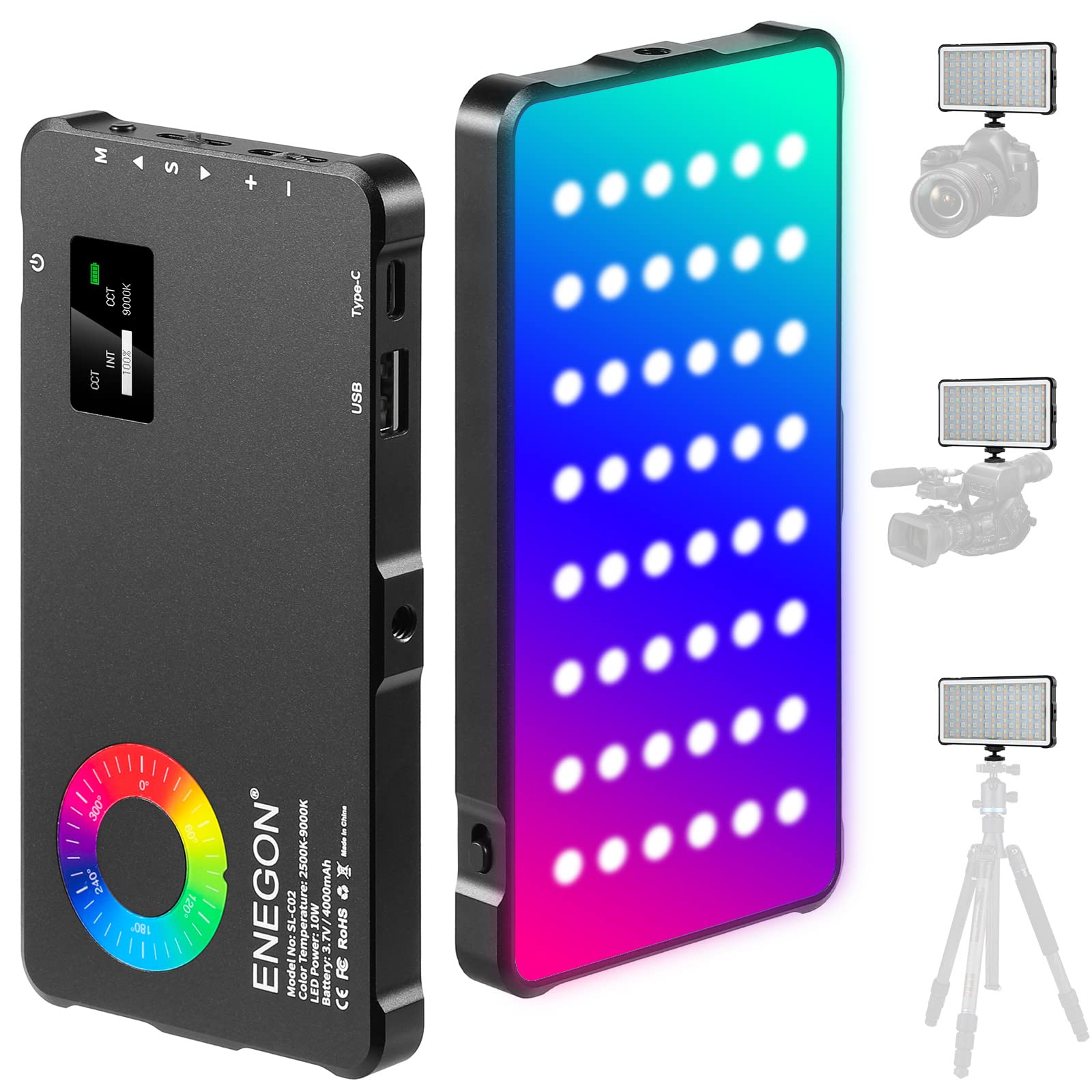 Photo 1 of ENEGON RGB Video Light, Built-in 4000mAh Rechargeable Battery LED Camera Light Full Color 24 Common Light Effects, CRI?95 2500-9000K LED Video Light Panel with Power Bank Function.