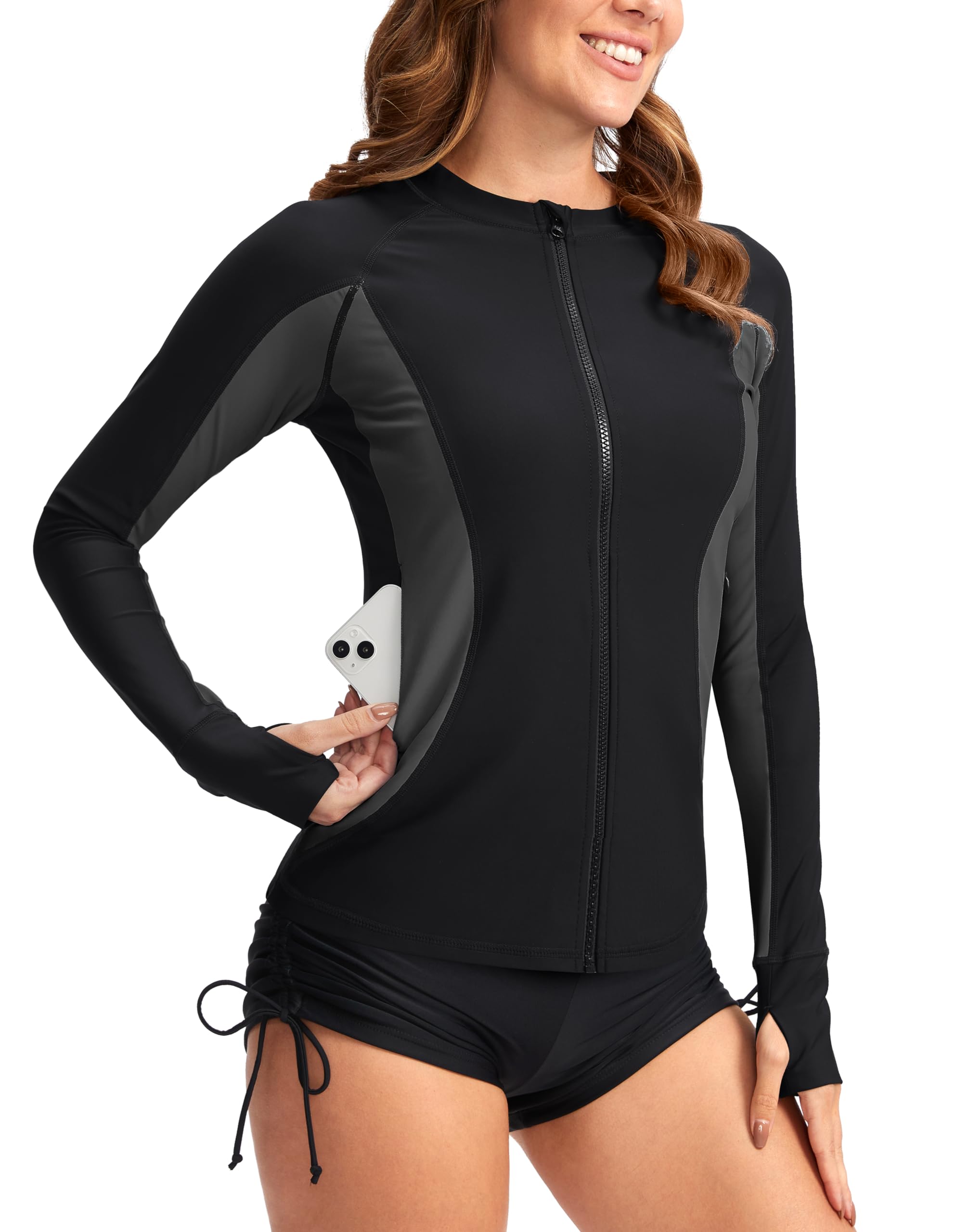 Photo 1 of SANTINY Women's Rash Guard Zipper Pockets UPF50+ Sun Protection Long Sleeve Swimsuit Top Zip Front Swim Shirt for Women (Black # Dark Grey_XL)