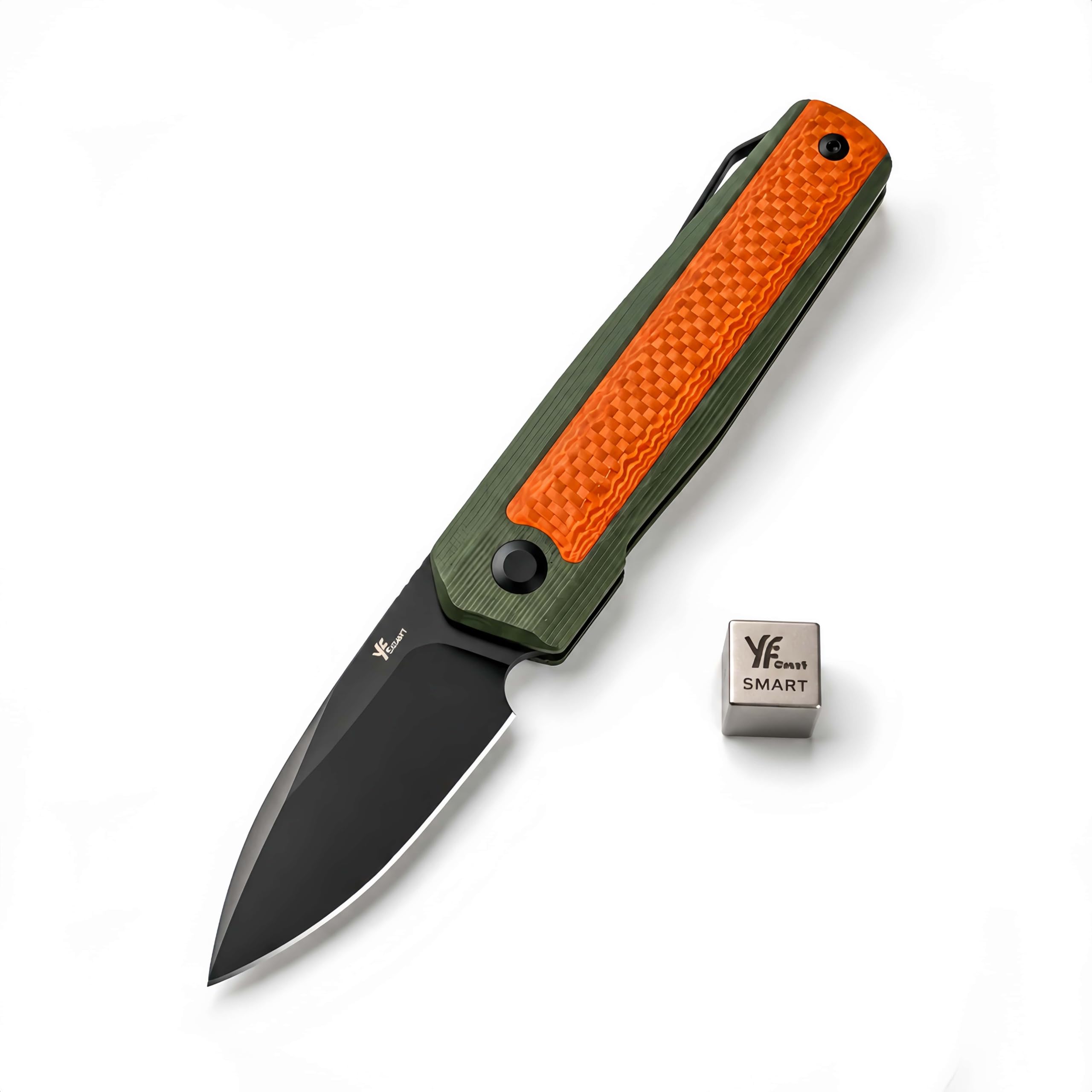 YF SMART EDC Taschenmesser D2 Stahl-Limitierte Edition,5.6 cm Slipjoint Klappmesser mit SKIFF Kugellager, G10 & Carbon Fiber Griff, §42a Konformes Klappmesser für Outdoor,Camping & Alltag (Orange)