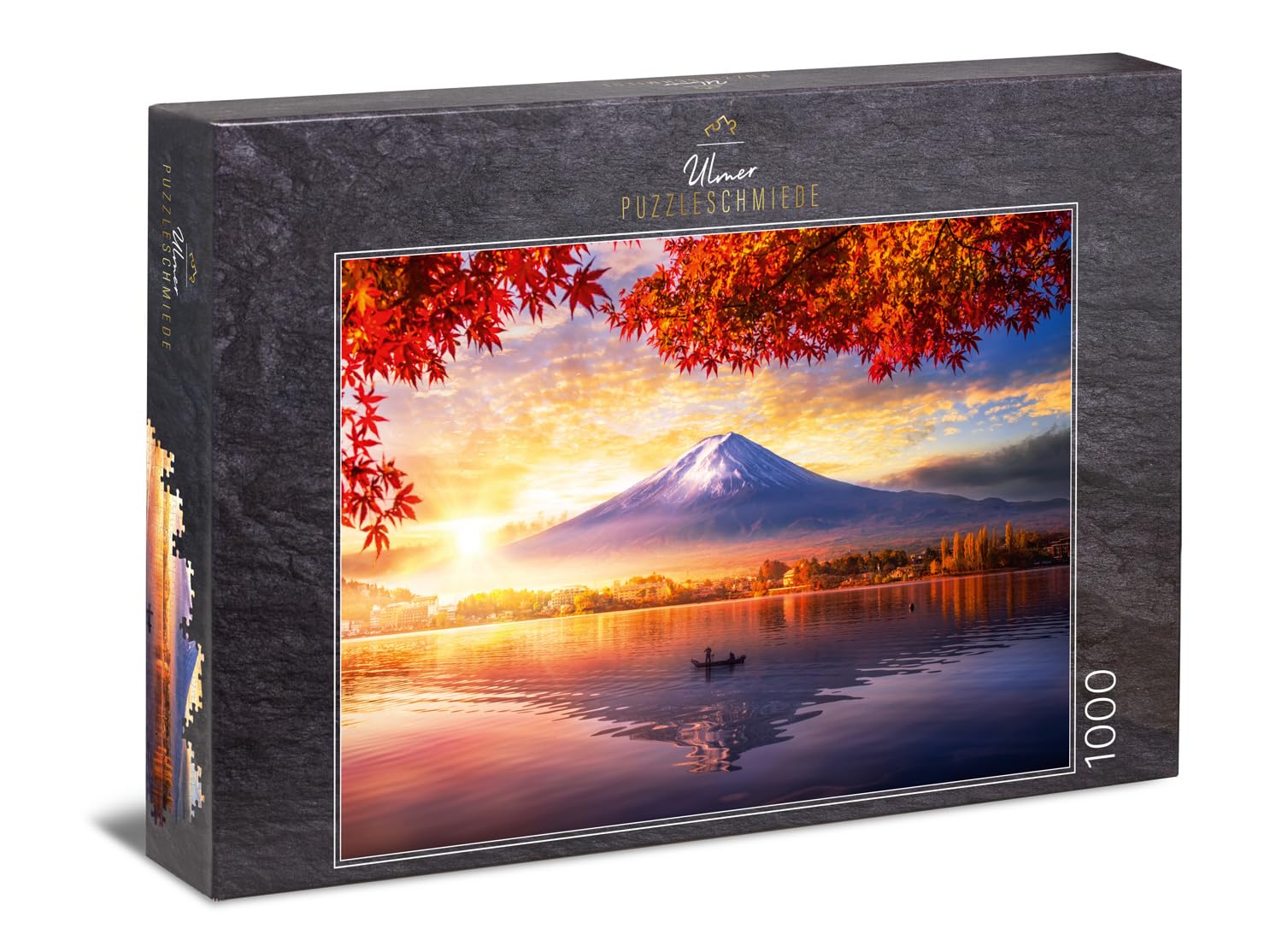 Ulmer Puzzleschmiede - Kawaguchiko Fuji Puzzle - Classic 1000 Piece jigsaw Puzzle - Landscape Motif with the Mountain Fujijama in the mirror of the Autumn Kawaguchiko Lake, Japan