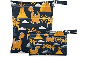 visesunny Yellow Dinosaurs Volcano and Palm Tree 2Pcs Wet Bag with Zippered Pockets Washable Reusable Roomy for Travel,Beach,Pool,Daycare,Stroller,Diapers,Dirty Gym Clothes, Wet Swimsuits, Toiletries