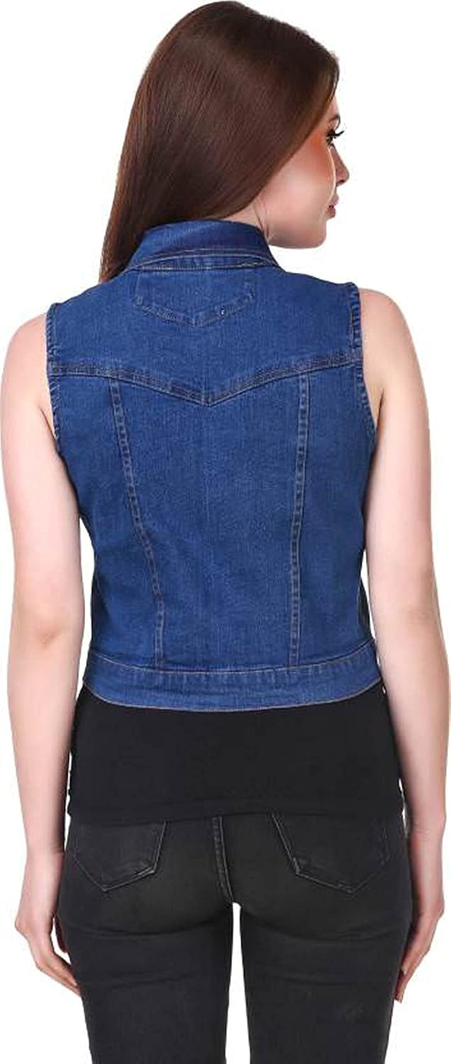 g.s.a enterprises stylish sleeveless dark blue regular collar women's denim jacket