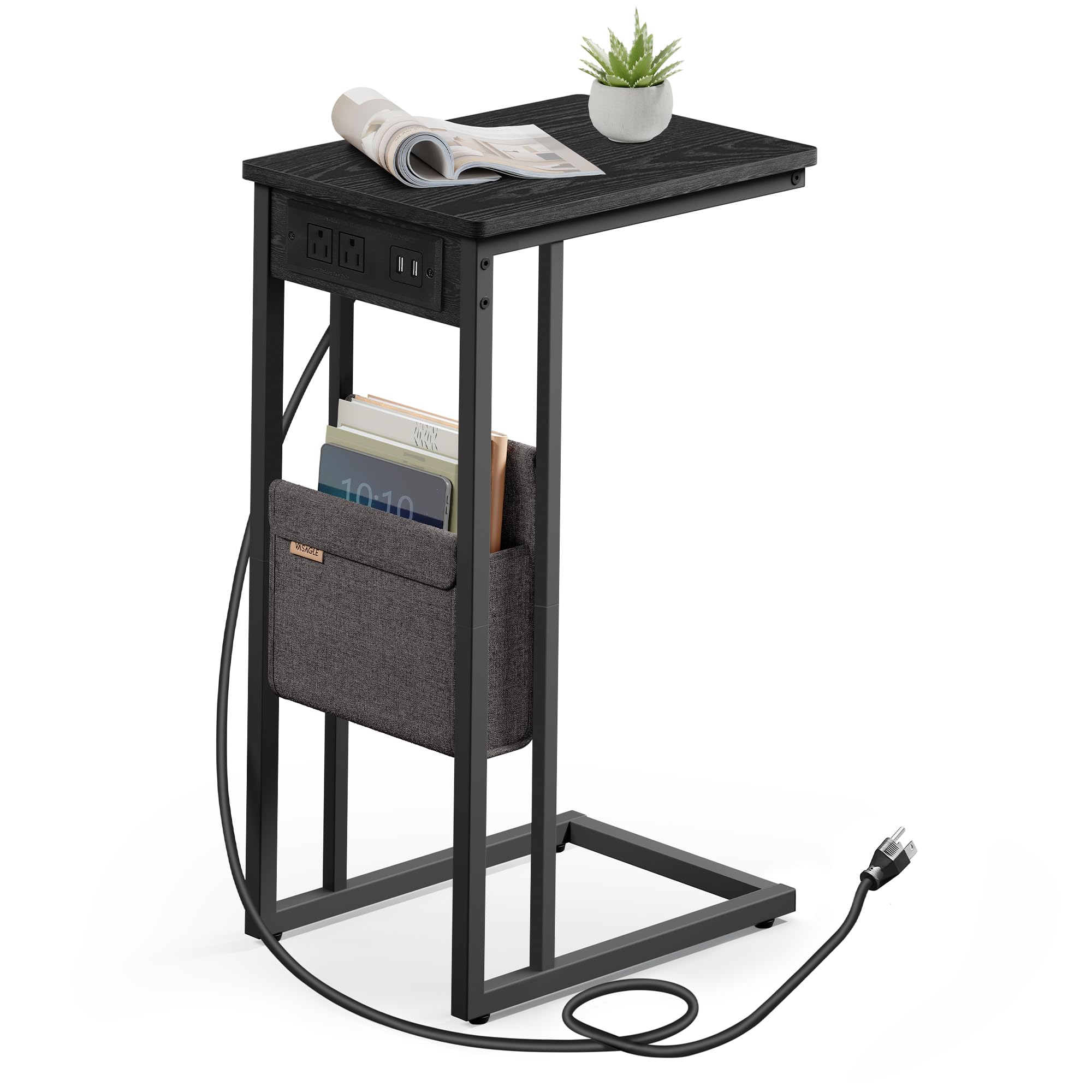 Photo 1 of VASAGLE C-Shaped Side Table, End Table with Charging Station, 2 USB Ports and Outlets, C Table for Couch, Sofa, with Storage Bag, Adjustable Feet, for Bedroom, Living Room, Ebony Black ULET356B01