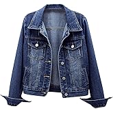 LifeShe Women's Basic Long Sleeve Button Down Distressed Denim Jackets Jean Jacket Coat
