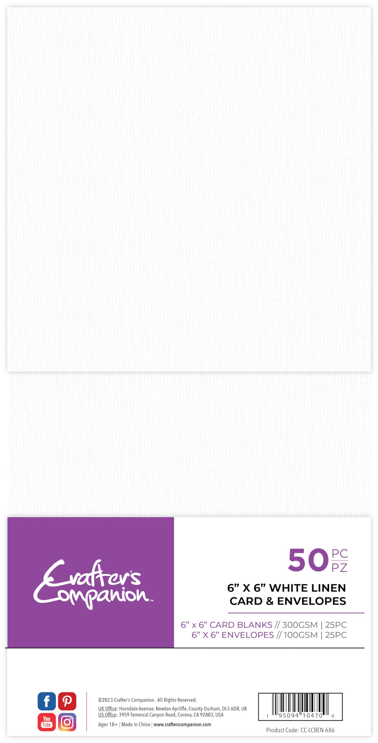 Crafter's Companion - 6" x 6" White Linen Card & Envelopes - Pack of 100 - Includes 50 White Linen Effect Card Blanks & 50 Matching Envelopes - Great for a Variety of Occasions — image 1