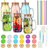 XLSXEXCL 6 Pack Mason Jars with Handle, 24 OZ Colorful Drinking Glasses with Lids and Straws, Mugs with Embossed Ice-Cold Drinkware Logo for Iced Coffee Smoothie Overnight Oats Containers