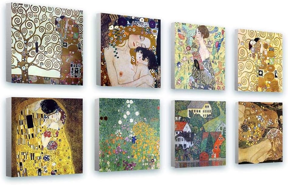 Alonline Art - Tree Life Kiss Woman by Gustav Klimt | print on 100% cotton canvas | Ready to frame (Rolled) | 12"x12" - 30x30cm | Set of 8 Lot | Wall art home decor for dining room HD painting