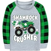 Boys St.Patrick's Day T-Shirt Clovers Tee Toddler Kids Irish Monster Truck Excavator Tops Plaid Long Sleeves Cotton 2-7T