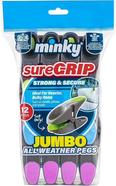 Minky 12 Pack Sure Grip Jumbo Clothes Pegs Extra Large Weather Resistant