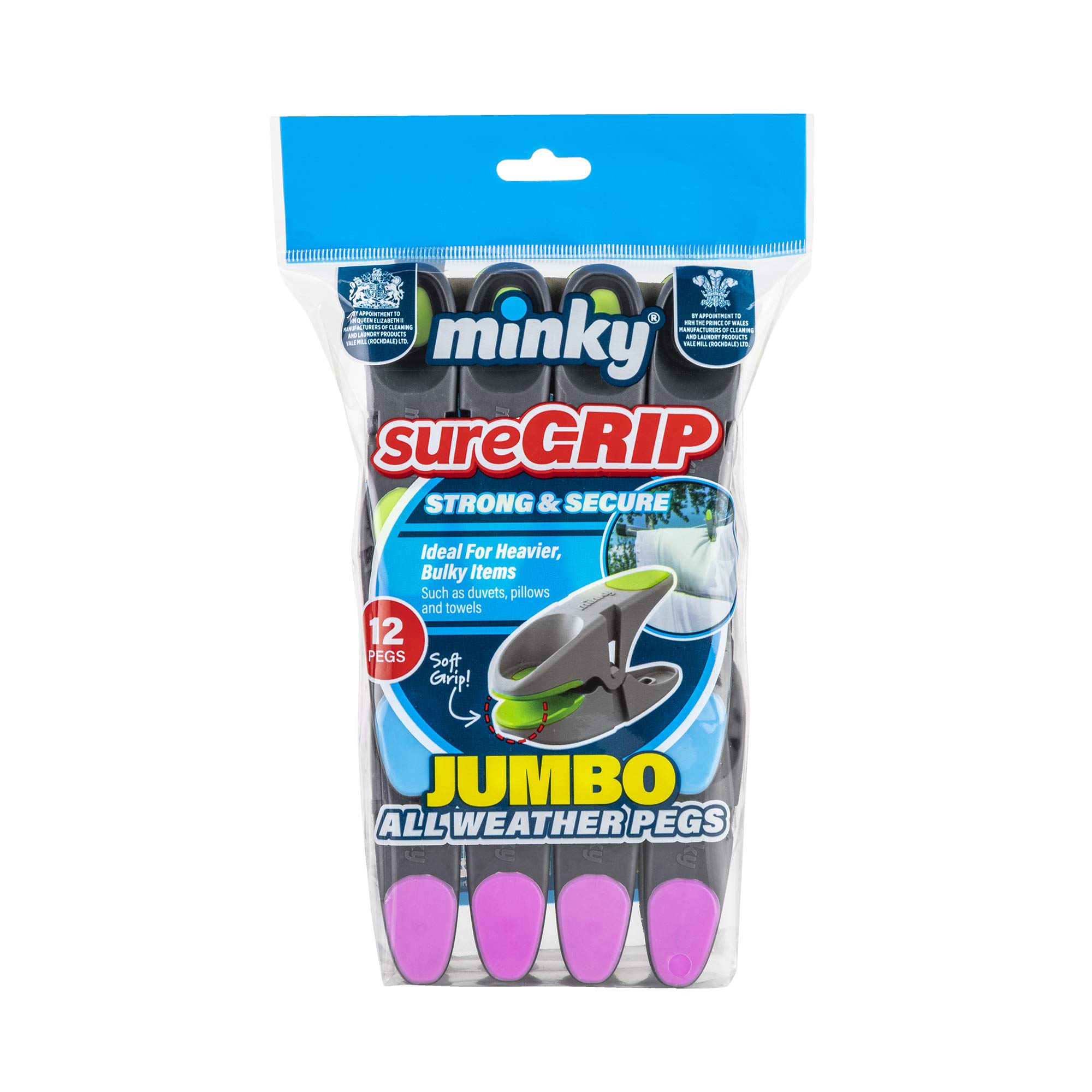 12 Minky Sure Grip Jumbo Clothes Pegs. Extra Large and Weather Resistant. For duvets, sheets and heavy bulky item drying