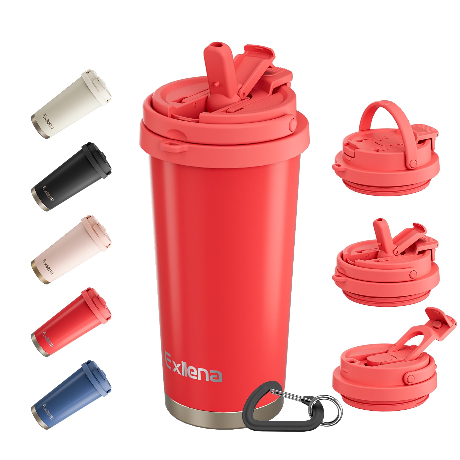 Exllena Travel Mug - Insulated Coffee Cup 500ml with 3-in-1 Lid - 100% Leakproof Coffee Mug with Handle and Clip Perfect for Travel, Office, and Outdoor Activities...(Red)