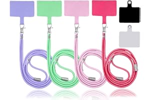 IOUALEY 4 Pack Universal Nylon Neck Crossbody Cell Phone Lanyards + 6 Pieces Replacement Sticker Patches Tab, Adjustable Detachable Strap Safety Tether and Pads for Most Smartphone, Pink/Green/Purple/Red