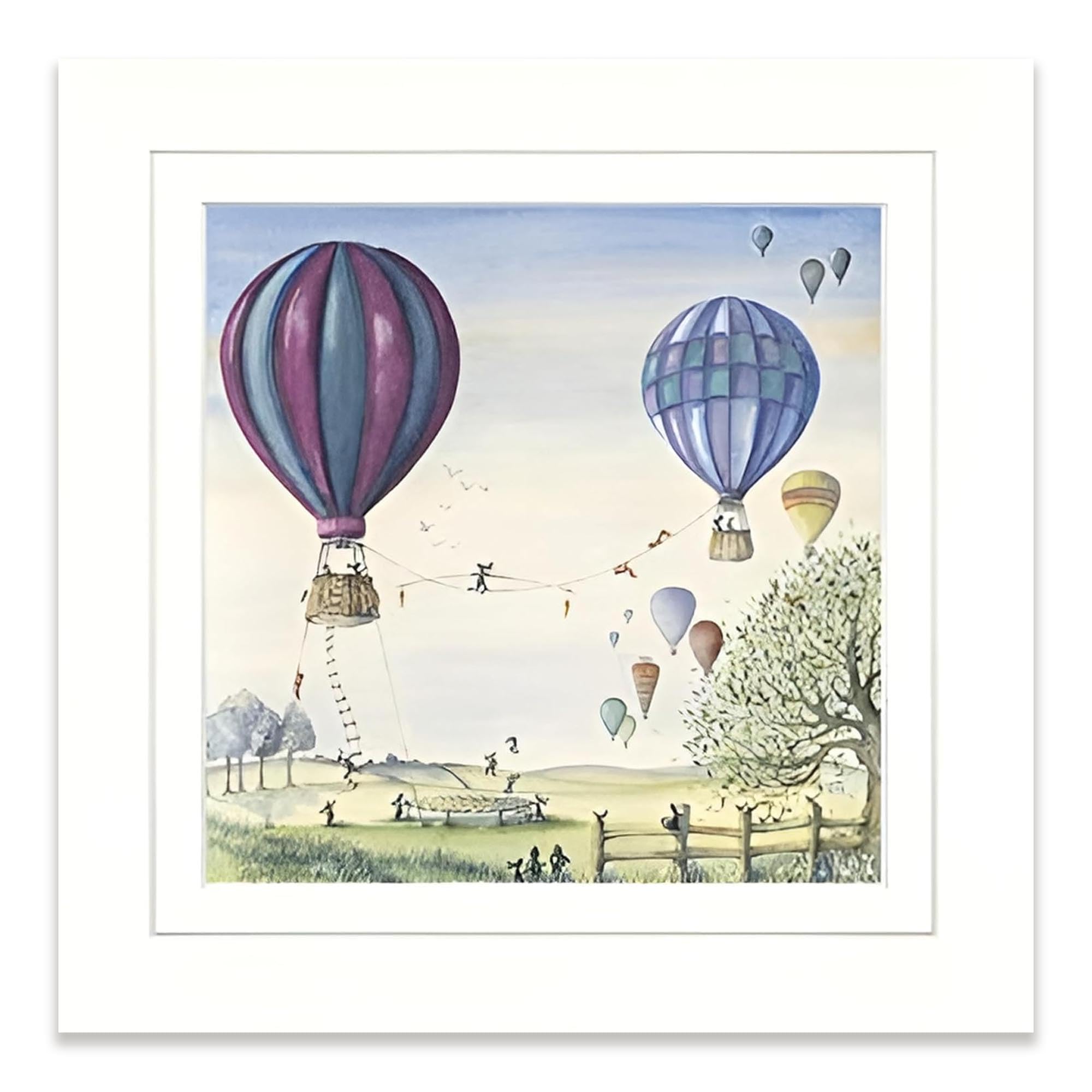 Artko Rabbits & Hot Air Balloons Framed Wall Art - 'Bunny Balance' by Catherine J Stephenson - Whimsical Animal Print - Ready to Hang Home Décor - 33.5cm x 33.5cm
