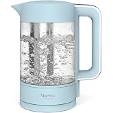 Martha Stewart 1.7L Glass Carafe Electric Kettle with Removable Tea Infuser | 7 Cups, 4 Presets, Rapid Boiling, Stainless Steel Tea Leaf Infuser, Cordless Swivel Base, Keep Warm, Auto Shut-Off, Sky Blue
