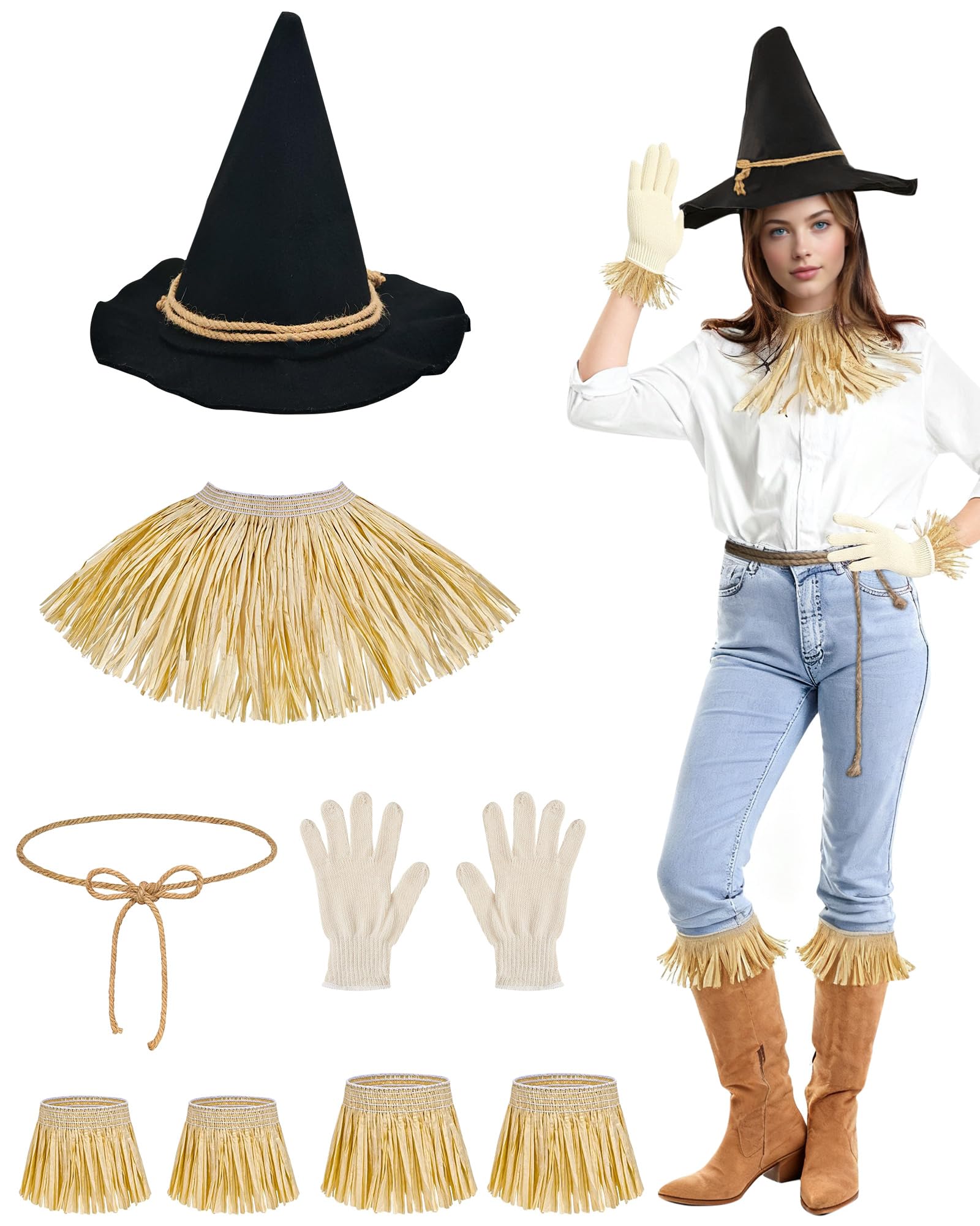 Photo 1 of 9 Piece Scarecrow Costume Set for Women Men Scarecrow Hat Gloves Rope Belt Straw Kit Holloween Cosplay Accessories