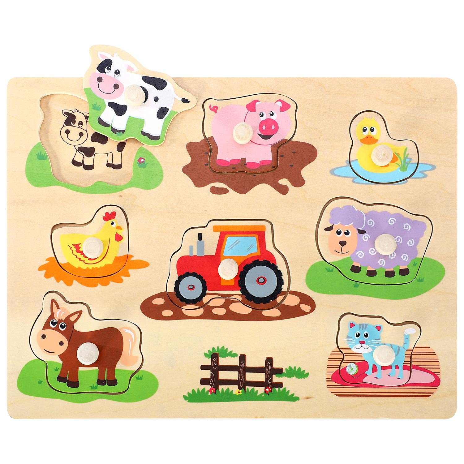SOKA Wooden Farm Animals Peg Puzzles Toy Educational Montessori Developmental Jigsaw Puzzle Board Colourful Images for Learning Animals for Toddlers Kids Children 12 Months +