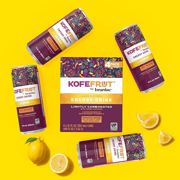KOFEFRUT BY BEANIAC CAFFEINATED ENERGY DRINK, LEMON, LIGHTLY CARBONATED, REDUCED SUGAR, 80MG CAFFEINE, POLYPHENOLS, ANTIOXIDANTS, VITAMIN C, 12 FL OZ CAN (PACK OF 4)