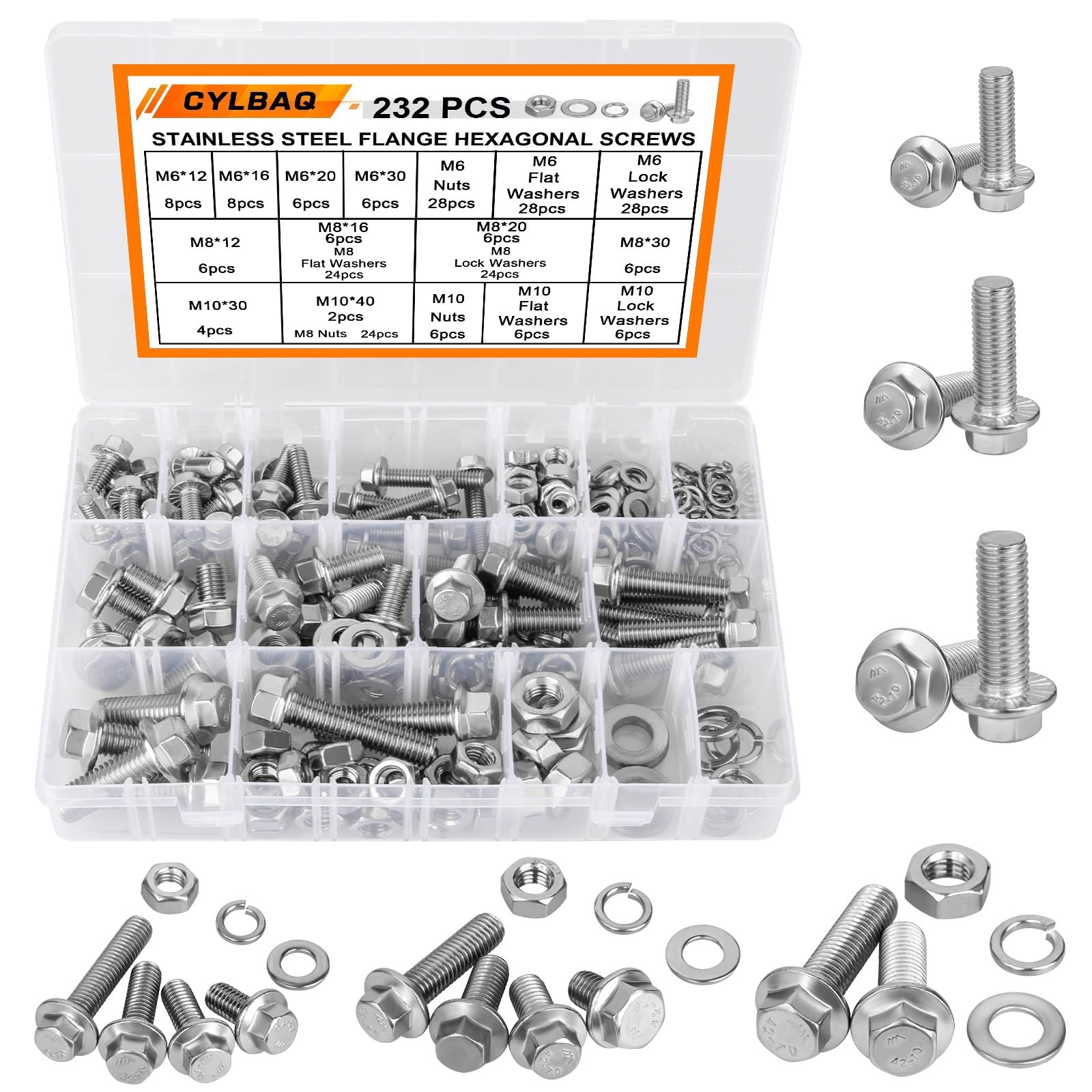 CYLBAQ Flange Nut and Bolt Set M6 M8 M10, 232PCS Flanged Hex Bolts With Flat & Lock Washers, 304 Stainless Steel Hexagon Head Nut and Bolt Sets M6-1.0 M8-1.25 M10-1.5 — image 1