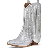 Rollda Rhinestone Cowboy Boots for Women, Sparkly Cowgirl Boots with Pointed Toe, Fringe Womens Western Boots Chunky Heel for Concert Dancing Party Music Festivals