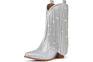 Rollda Rhinestone Cowboy Boots for Women, Sparkly Cowgirl Boots with Pointed Toe, Fringe Womens Western Boots Chunky Heel for Concert Dancing Party Music Festivals