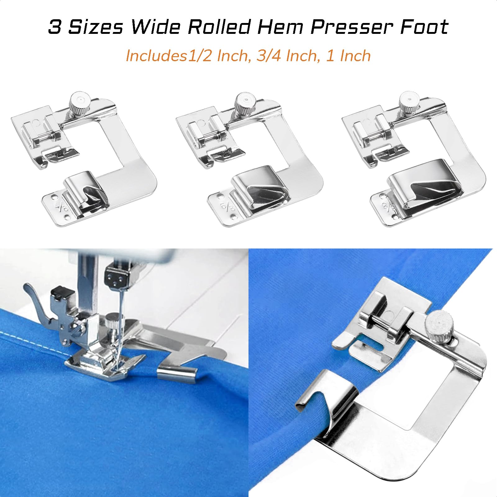 FIKLOTA Rolled Hem Presser Foot Set - 3 Piece Wide Hemmer Foot Kit Includes 1/2, 3/4, 1 Inch - for Low Shank Snap-On Singer, Brother, Janome, Juki, and More Sewing Machines