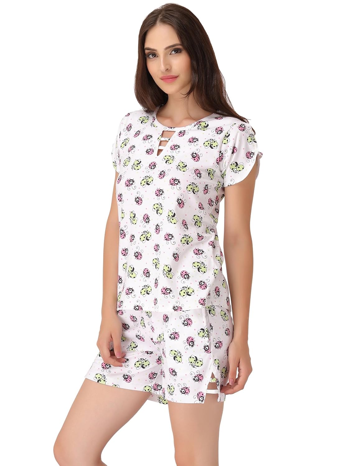 clovia women's ladybug printed top & shorts set