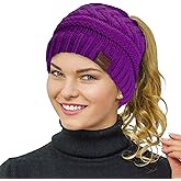 Rosoz 1&2 Packs Ponytail Beanie for Women,Winter Warm Beanie Tail Soft Stretch Cable Knit Messy High Bun Hat