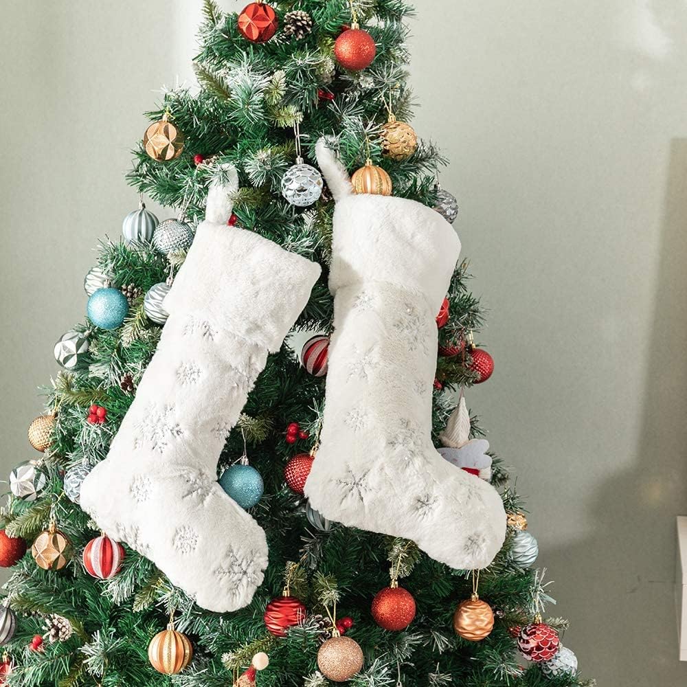 Stockings & Holders - DegGod 2 Pack Snowy White Christmas Stockings with Faux Fur, Plush 22 inches Xmas Stocking with Silver Embroidered Snowflake Hanging Ornaments for Home Xmas Party Decoration