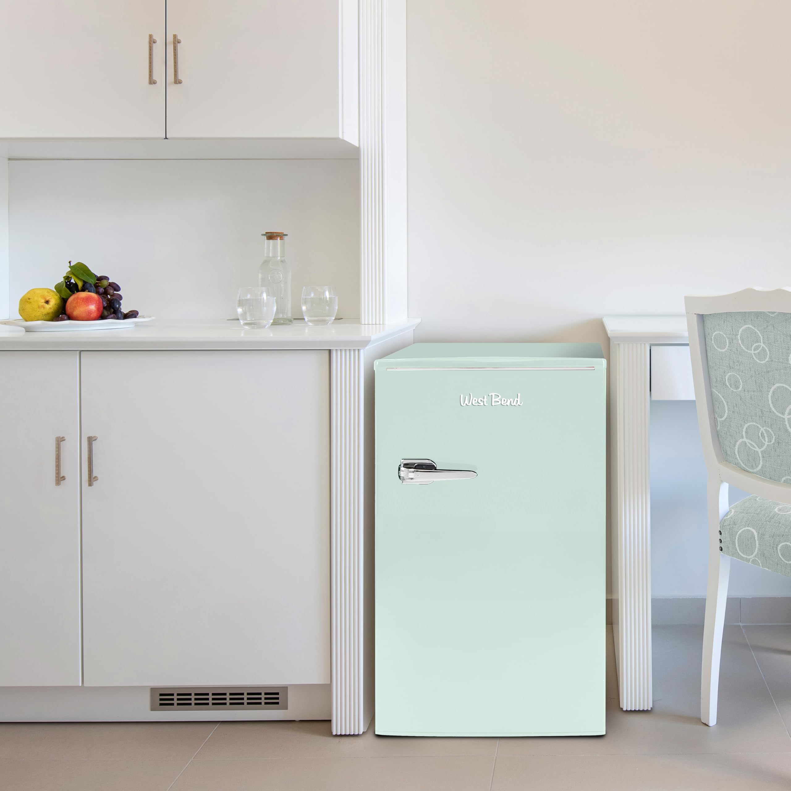 West Bend Mini Fridge for Bedroom, Office, Bar or College Dorm Room, Retro Compact Refrigerator features single door, glass shelves and adjustable temperature control, 3.0-Cu.Ft., Seafoam Green