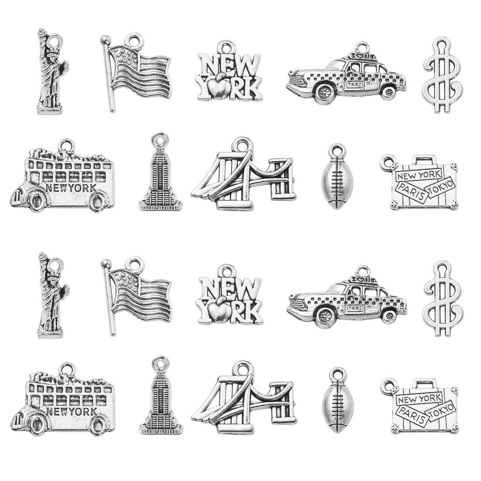DanLingJewelry 100Pcs 10 Styles America New York Theme Travel Charms Tibetan Statue of Liberty Flag Suitcase Charms for Jewelry DIY Making