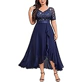 Knitee Women's Plus Size Sequin Lace Sweetheart Neck Ruffled Hemline Formal Evening Maxi Dresses