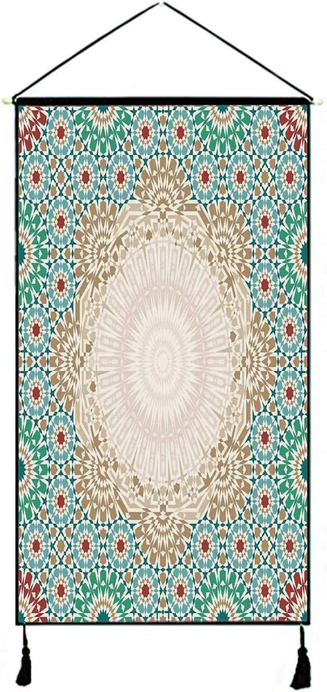 DJKMI Moroccan Stylish Hanging Poster,Ottoman Mosaic Art Pattern with Oriental Floral Forms Antique Scroll Ceramic Boho Print for Living Room Bedroom,13" W x 47" H