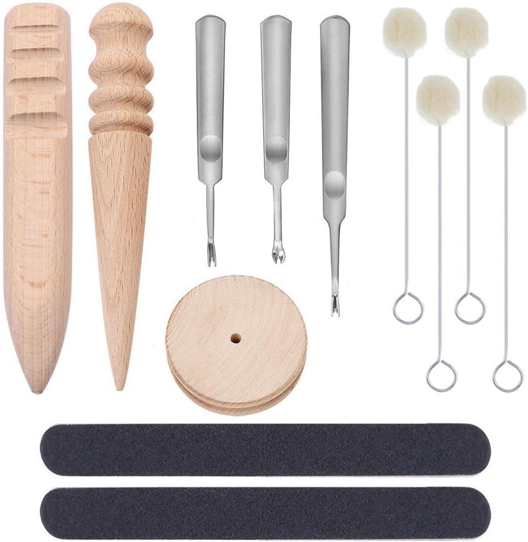 YunLi 12 Pieces Leathercraft Edge Skiving Beveler with with Multi-size Solid Wood Leathercraft Edge Slicker Burnisher, Sanding Strip and Wool Daubers