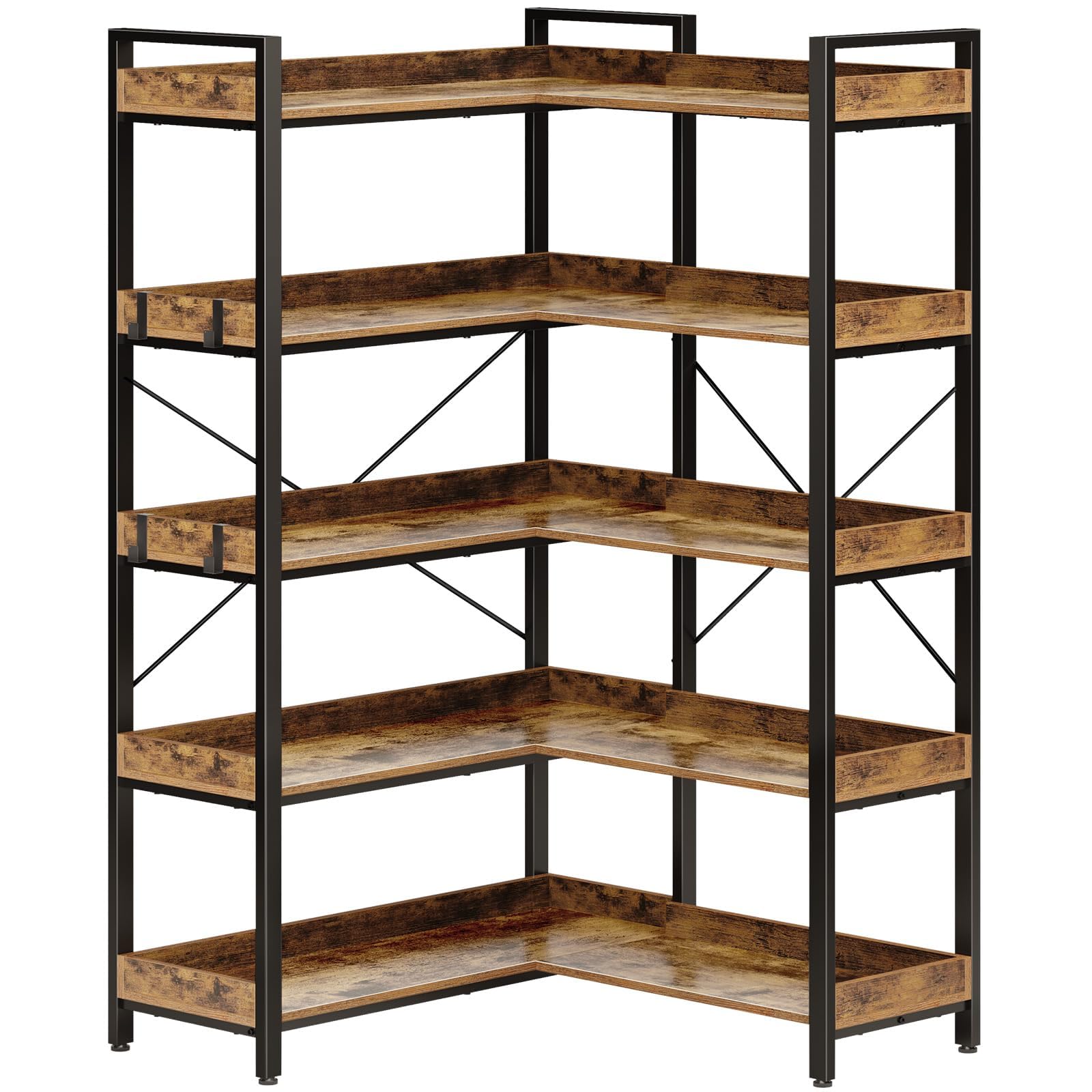 View 1 of Rolanstar Bookshelf 5 Tier with 4 Hooks, Reversible Corner Bookshelf, 65" Industrial Wooden Bookcase with Open Shelves and Metal Frame for Living Room, Bedroom, Home Office, Rustic Brown