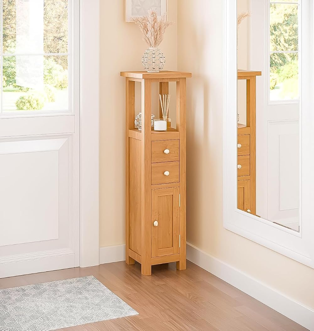 Hallowood Furniture Waverly Oak Open Top Tower Slim Storage Cabinet