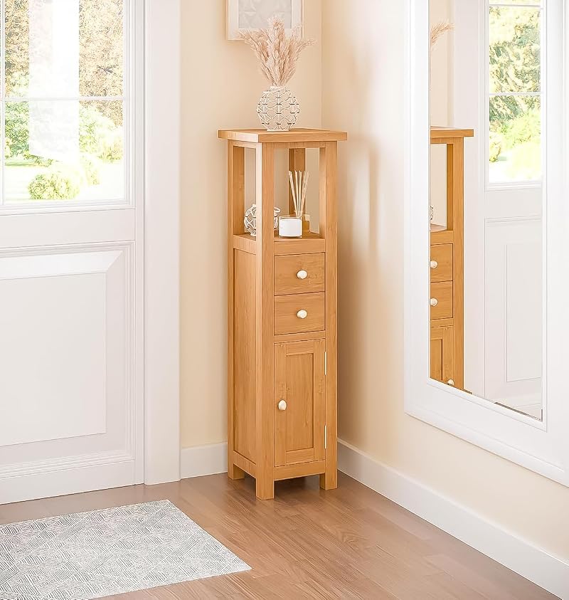 Hallowood Furniture Waverly Oak Open Top Tower Slim Storage Cabinet