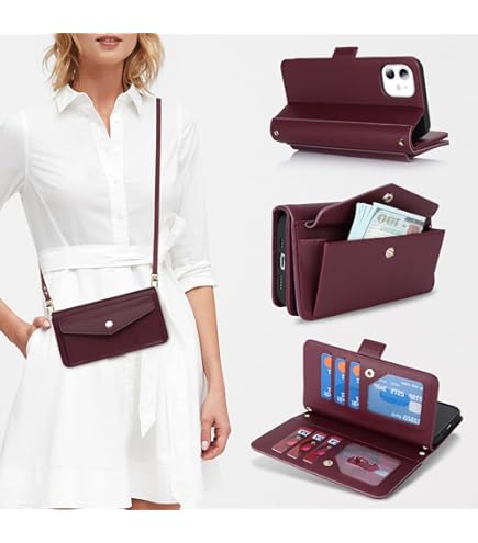 IPhone 15 Plus Case Wallet For Women Girls, Floral Case With Cards Holder & Makeup Mirror Hand Wrist Crossybody Shoulder Strap RFID Blocking Purse Cover Case For Apple IPhone 15 Plus,Purple