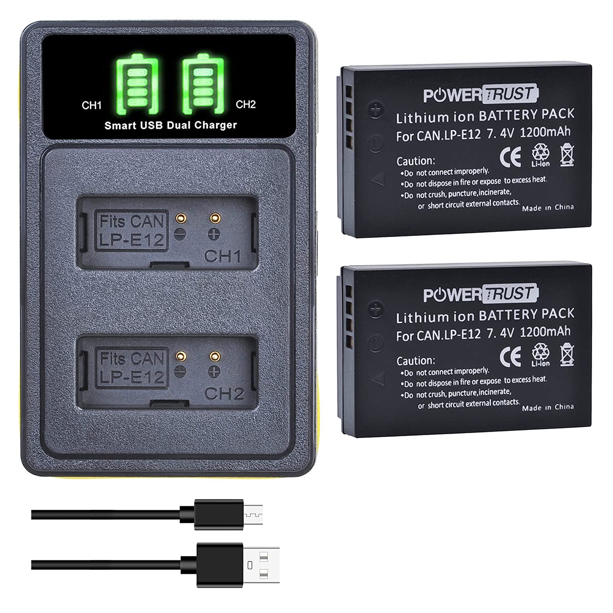 PowerTrust 2-Pack LP-E12 Battery and LED Dual Charger for Canon EOS M50 Mark II, EOS M50, EOS M200, EOS M, EOS M2, EOS M10, M100, EOS 100D,PowerShot SX70HS Camera