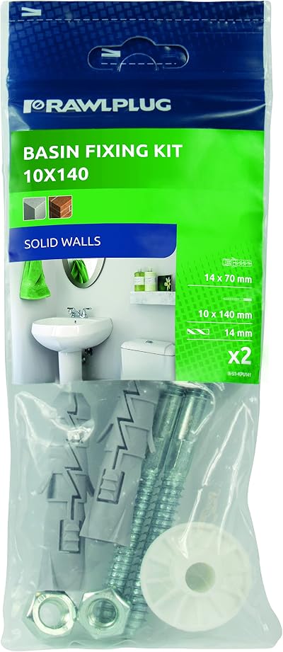 Rawlplug Wash Basin Fixing Kit Wall Mounted White 10x140mm 2x Plugs