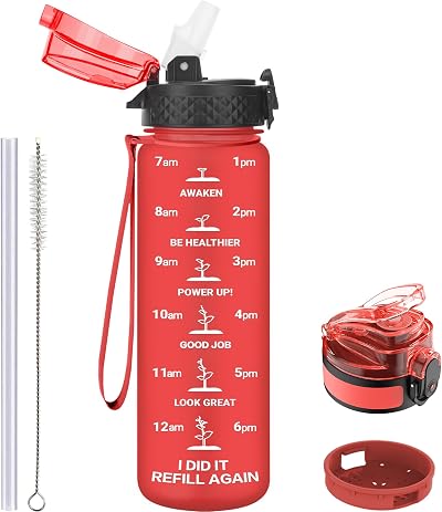 GOPPUS 500ml Kids Water Bottle with Straw BPA Free Time Markings Red