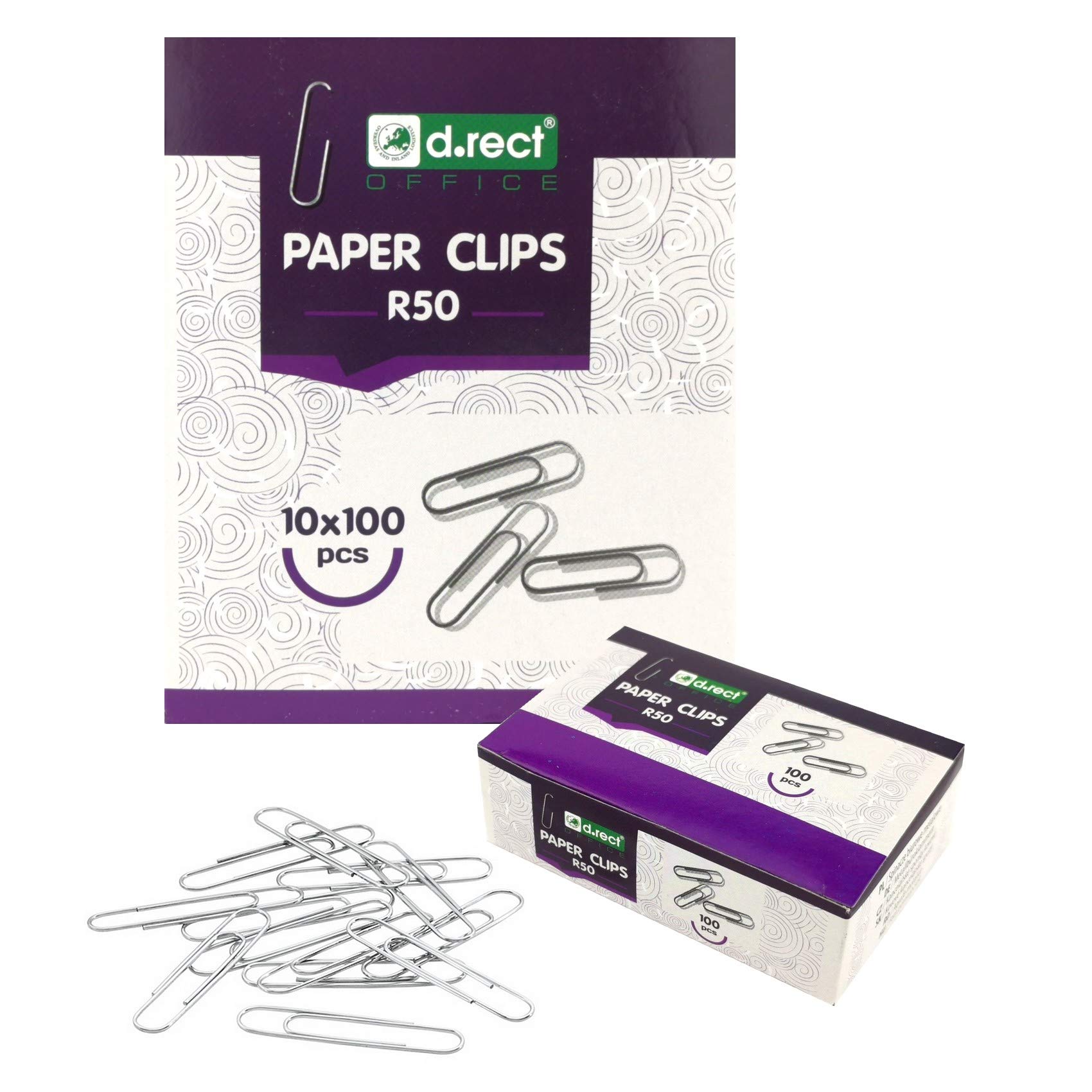 D.RECT Paper Clips 50 mm – 1000 Pack Large Galvanised Metal Clips – Silver Wire Letter Clips for Office, School & Home – Eco Packaging 10x100